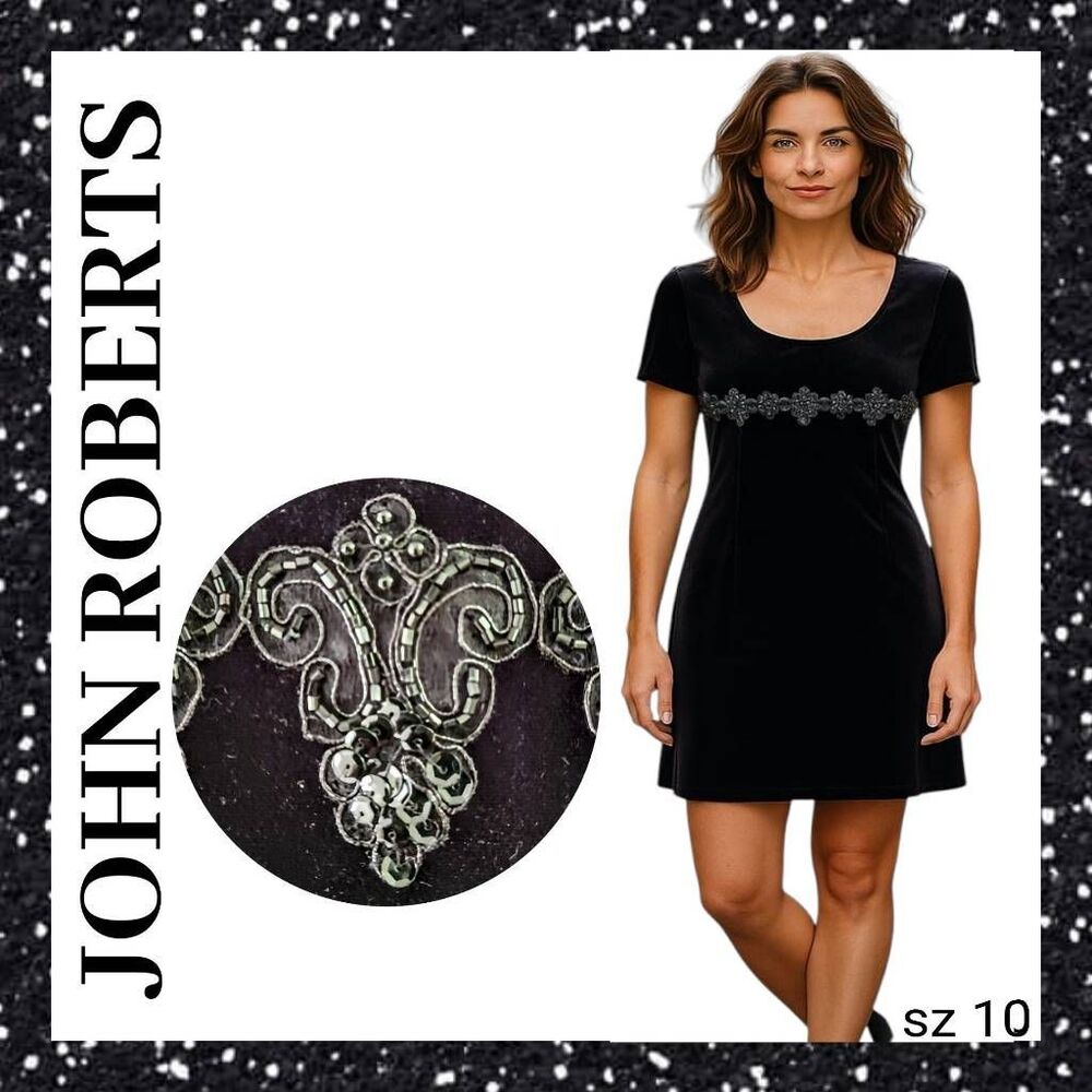 Black Velvet Sequin & Bead Embellished Cocktail Dress Upscale Designer
